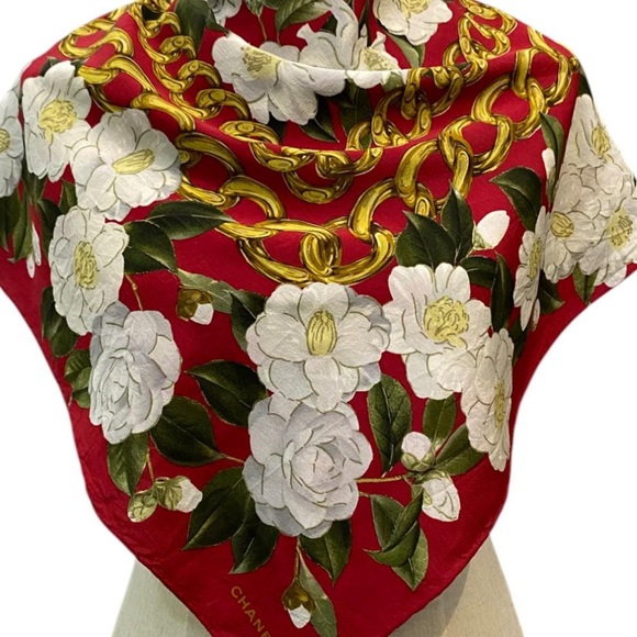 CHANEL Accessories - Chanel Red and Gold Floral Silk Scarf